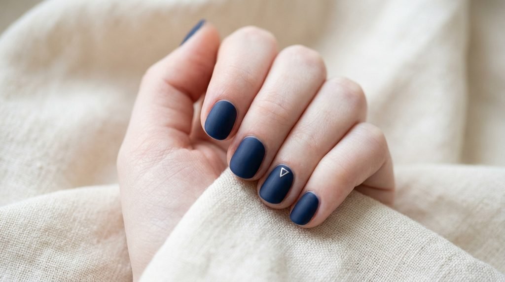 A close-up of short, neat natural round nails on an 18-year-old female with very white skin, painted in matte navy with a small, minimalist silver geometric triangle accent.