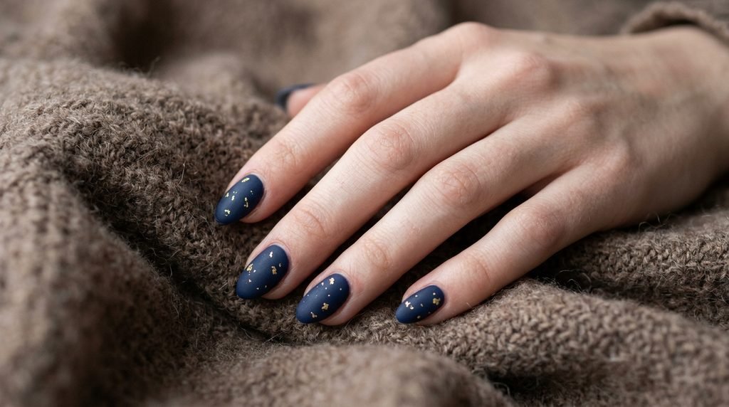Matte navy almond nails with gold foil flecks on very white skin.