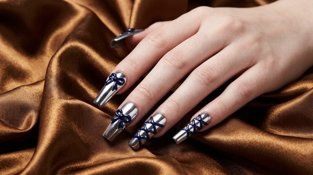 Blue ribbon nail art with navy bows over silver chrome base.