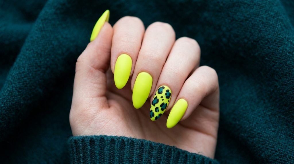 Long almond-shaped nails with matte neon chartreuse and leopard art on an 18-year-old hand with very white skin.