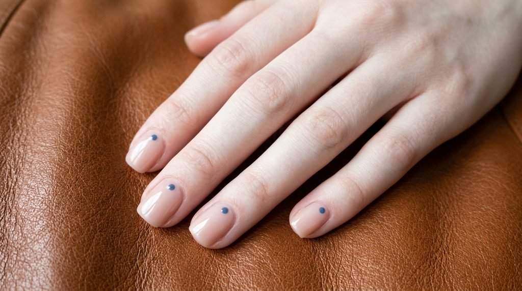 Minimalist denim blue dots on short nude nails with very white skin.