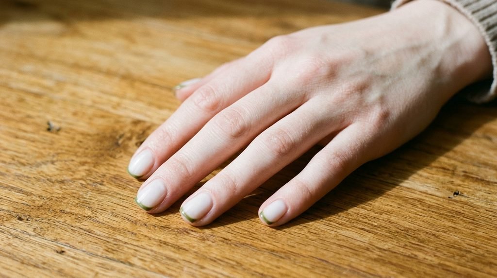 Natural short squoval nails with milky white base and hairline olive green tips resting on a warm wooden background.