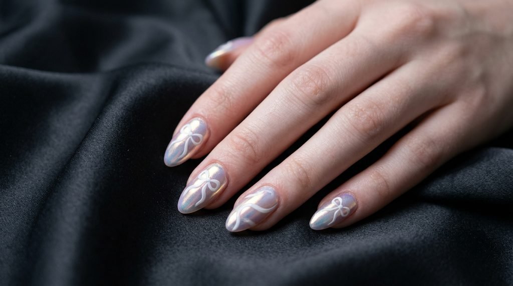 Opal chrome ribbon nails with white line art details.
