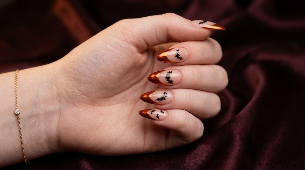 Long almond nails with burnt orange chrome tips and bat art over nude base.