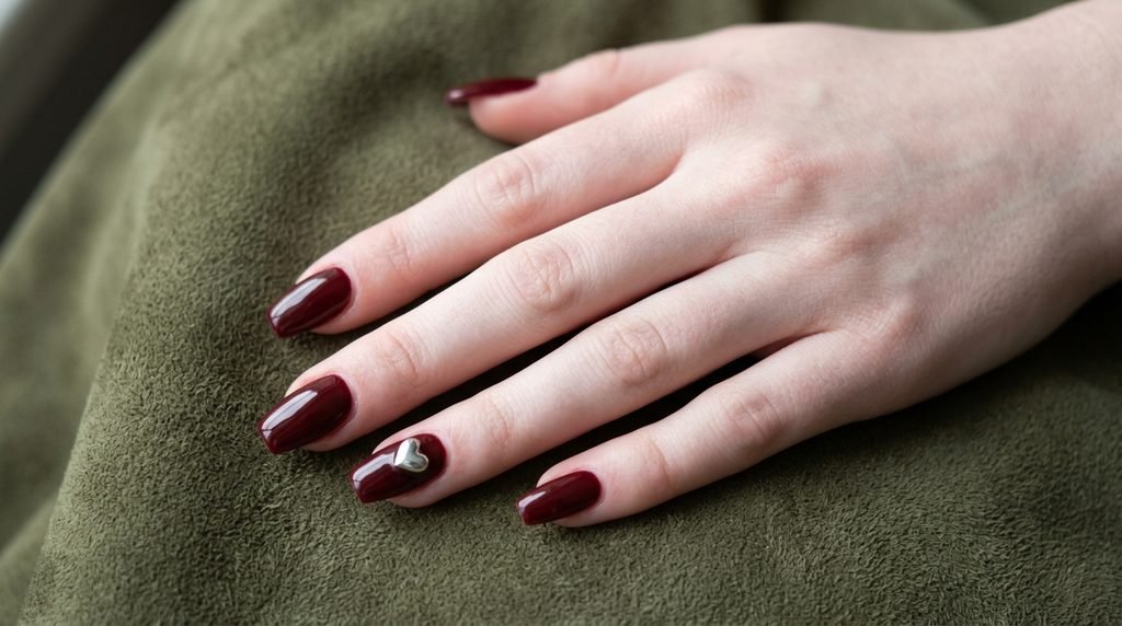 Short oxblood burgundy coffin nails featuring a single 3D silver chrome heart charm against olive suede.