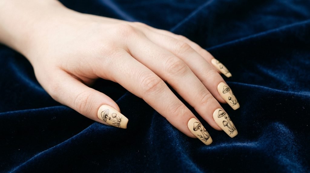 Cream coffin nails featuring black botanical sketch mushroom art on an eighteen year old hand with white skin tone.
