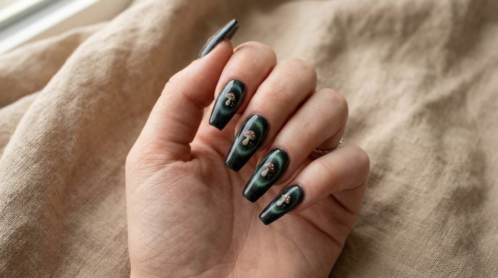 Velvet magnetic cat eye polish with aura effect and mushroom accent painting on an eighteen year old hand with white skin.