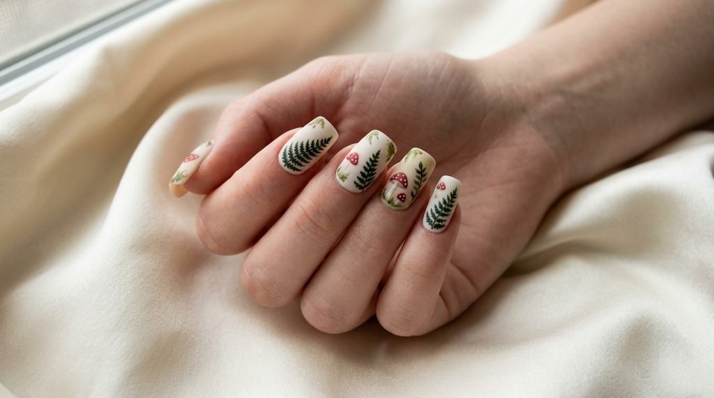 Matte finish nail art with painted green ferns and red mushrooms on an eighteen year old female hand with white skin.