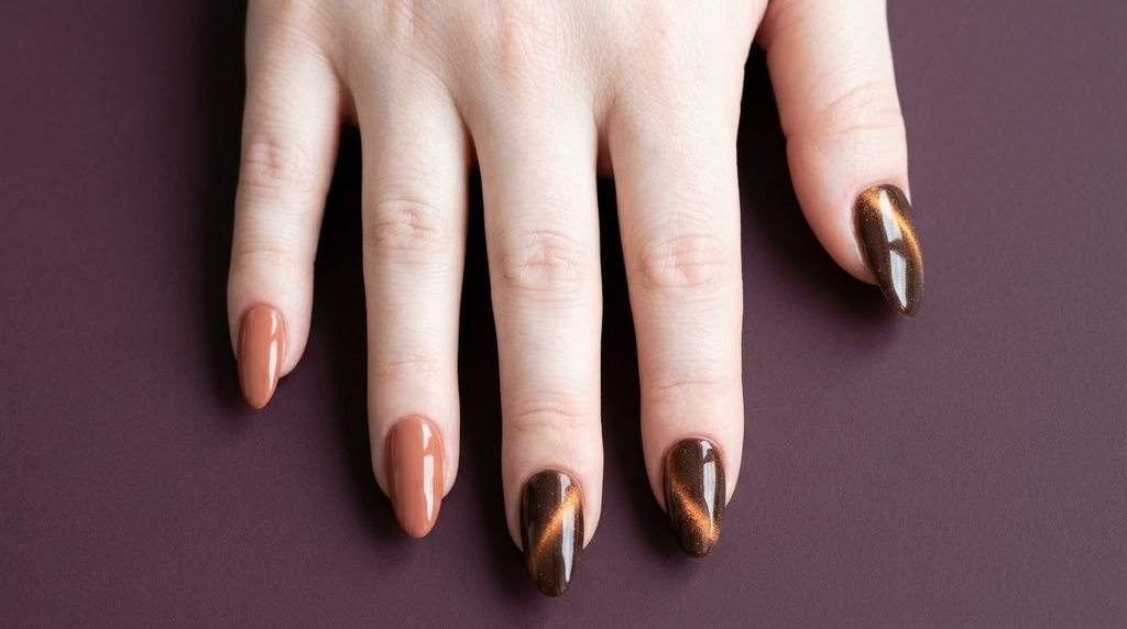 Comparison of terracotta and cacao cat eye nails on an 18-year-old female hand with white skin against dark plum fabric.
