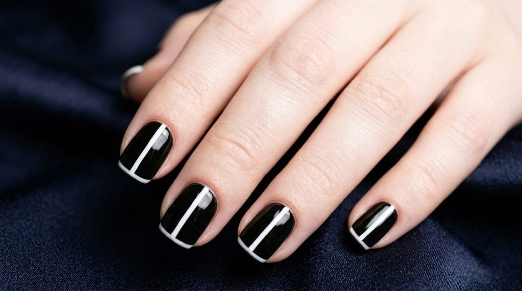 Macro photograph of precise white fine-line nail art on a black gel base without smudges. 
