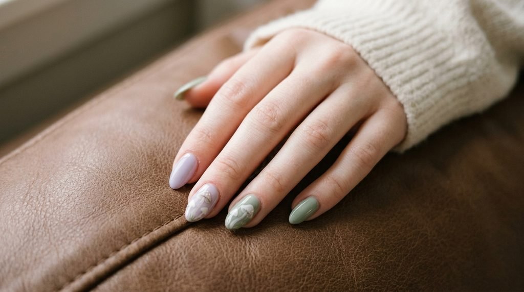Pastel lavender and sage green nails with white painted toadstools on an eighteen year old female hand with white skin.