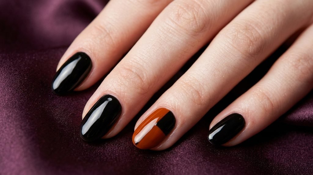 An 18-year-old female hand with smooth white skin showing four jet black nails and one  orange accent nail on dark plum silk.