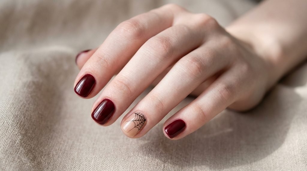 Short round wine red nails with one sheer accent nail featuring a tiny black corner spiderweb detail on beige background.