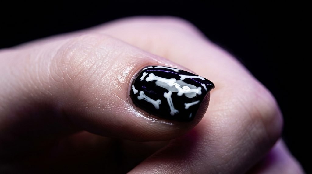 Macro photograph focusing on one short square nail of an 18-year-old female hand with smooth white skin, featuring simple white bone line art with intentionally soft, blurred edges creating a smoky x-ray glow, against a completely dark background with a subtle violet halo.