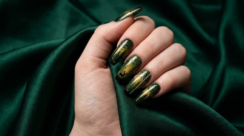 Long coffin nails painted with elaborate dark green forest silhouettes and yellow skies