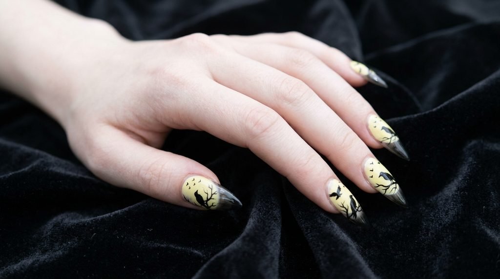 Black raven silhouettes painted on golden yellow stiletto nails, 18-year-old female hand with pale skin.