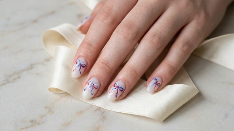 Close-up of short almond nails with white, red, and blue ribbon designs on a white skin hand over marble.