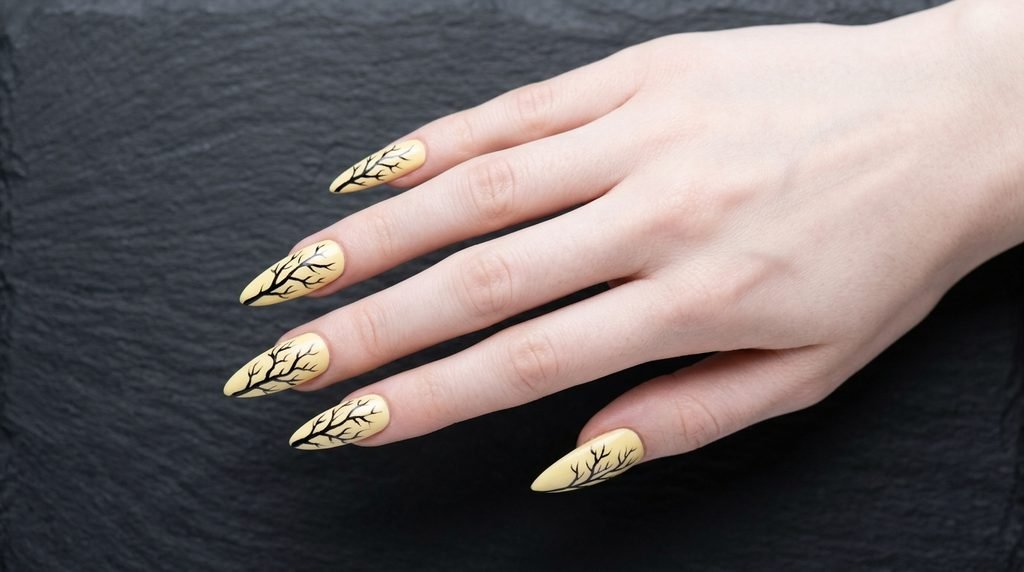 Sharp stiletto nails painted with black branches over pale yellow on an 18-year-old female hand with white skin.