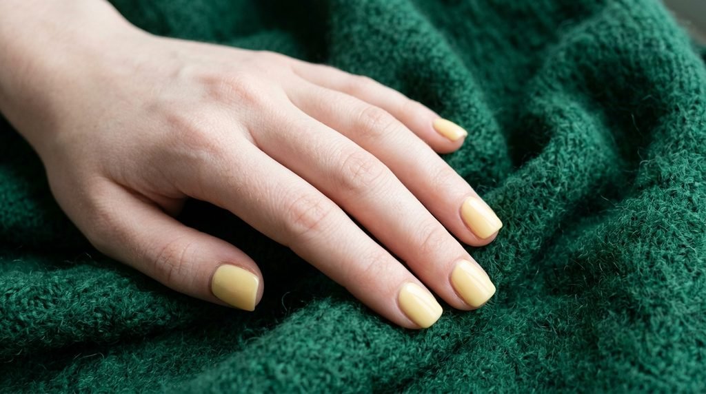 An 18-year-old female hand with very white skin tone showcasing pale yellow short square nails against emerald green wool.