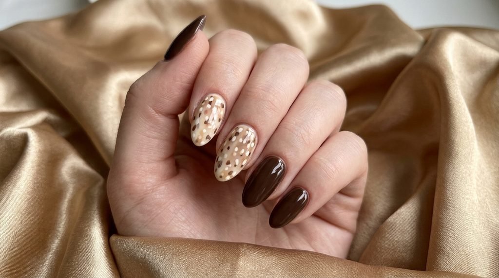 Almond nails featuring gentle deer print next to solid brown polish on champagne satin.
