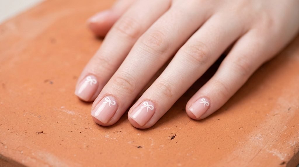Micro white bow nail art on short square manicured nails.