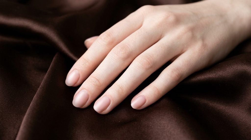 Cashmere nails in powder pink sheer on short oval nails over chocolate brown backdrop.