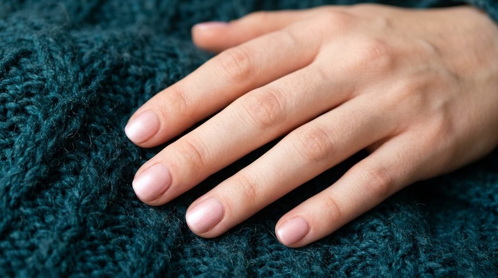 Cashmere nails in soft pearl blush on short round nails against deep teal backdrop.