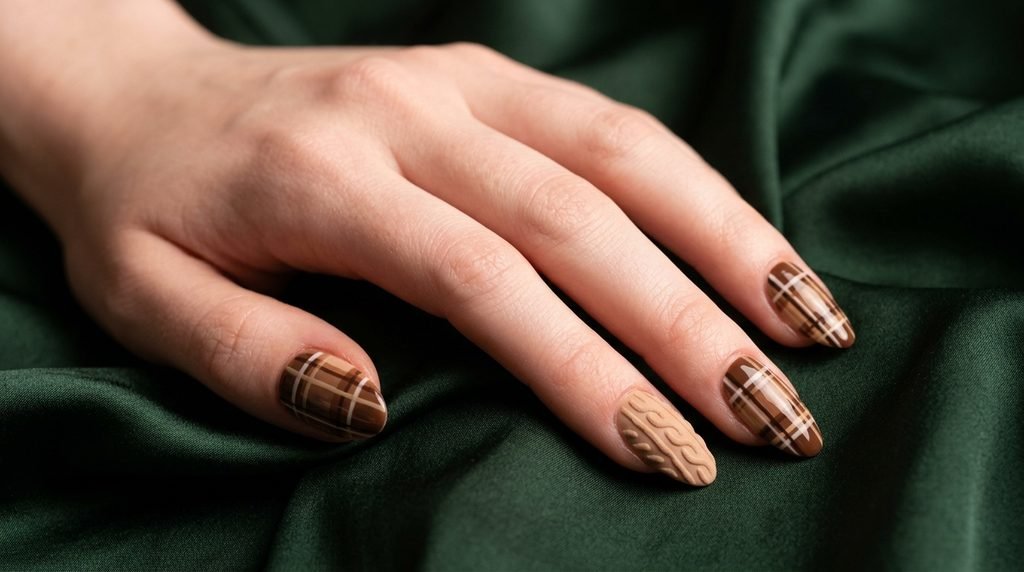 Tartan plaid and sweater texture almond nails displayed on forest green silk background.