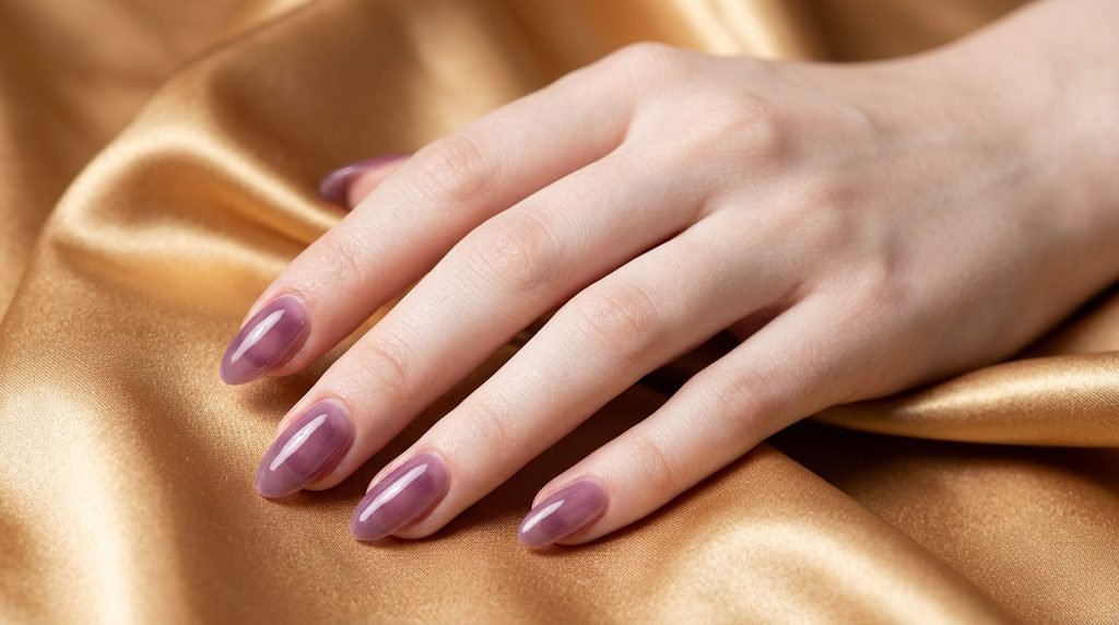 Soft plum translucent jelly nails on an 18-year-old female hand with very white skin over golden satin.