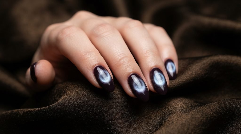 Short squoval nails featuring smoky translucent jelly gel art on crimson velvet.