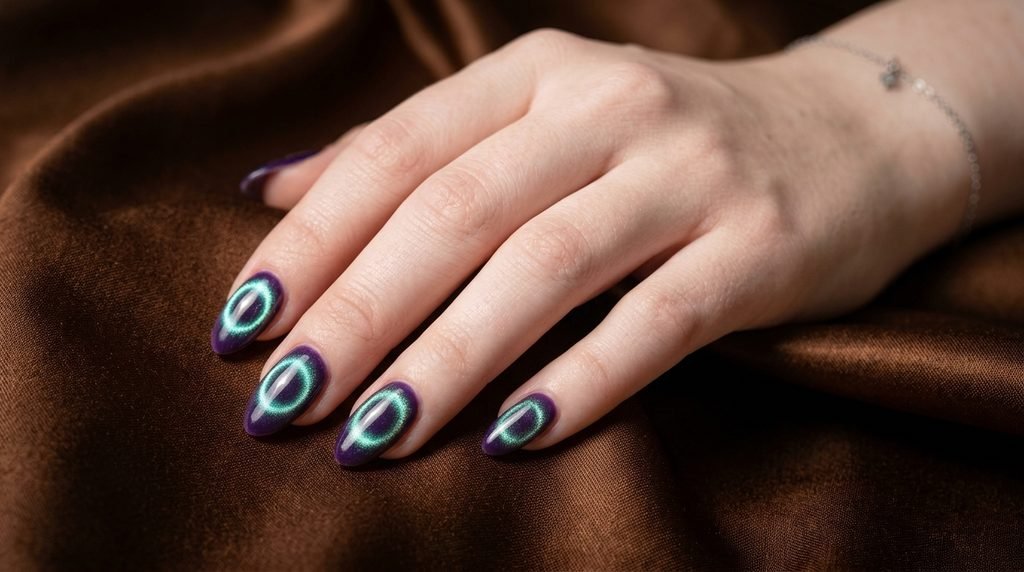 Almond nails featuring magnetic purple cat-eye aura shimmer against dark bronze silk.