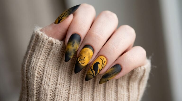 Close-up of an 18-year-old female hand with pale white skin showing long stiletto nails with black raven silhouettes and a golden yellow moon against a beige sweater.