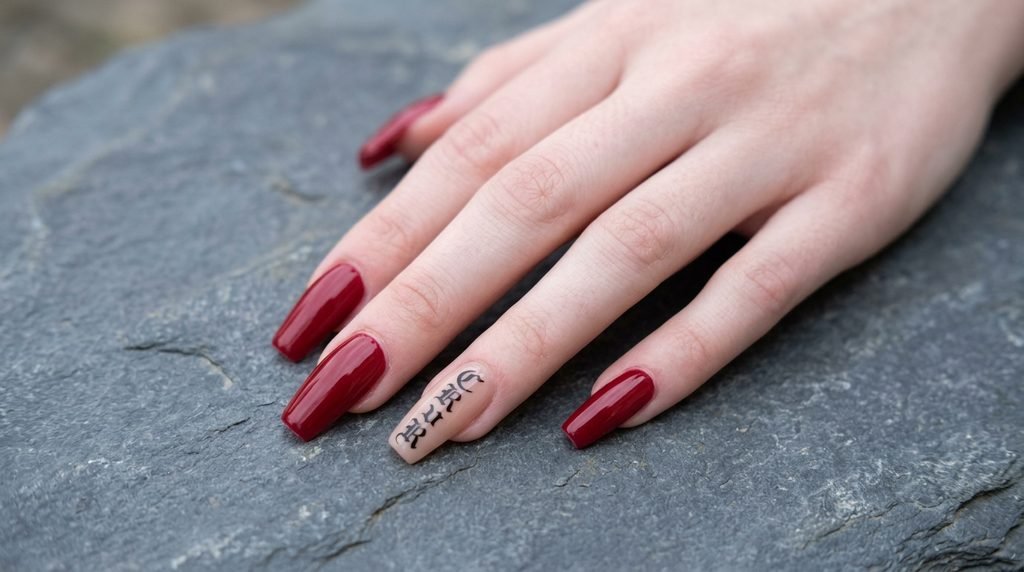 Deep red coffin nails with a nude accent nail featuring black Old English lettering over slate grey stone.