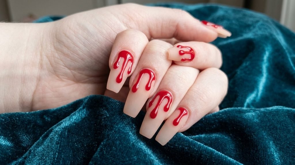 Glossy 3D blood drip design over a matte nude coffin nail base on a young female hand over teal velvet.