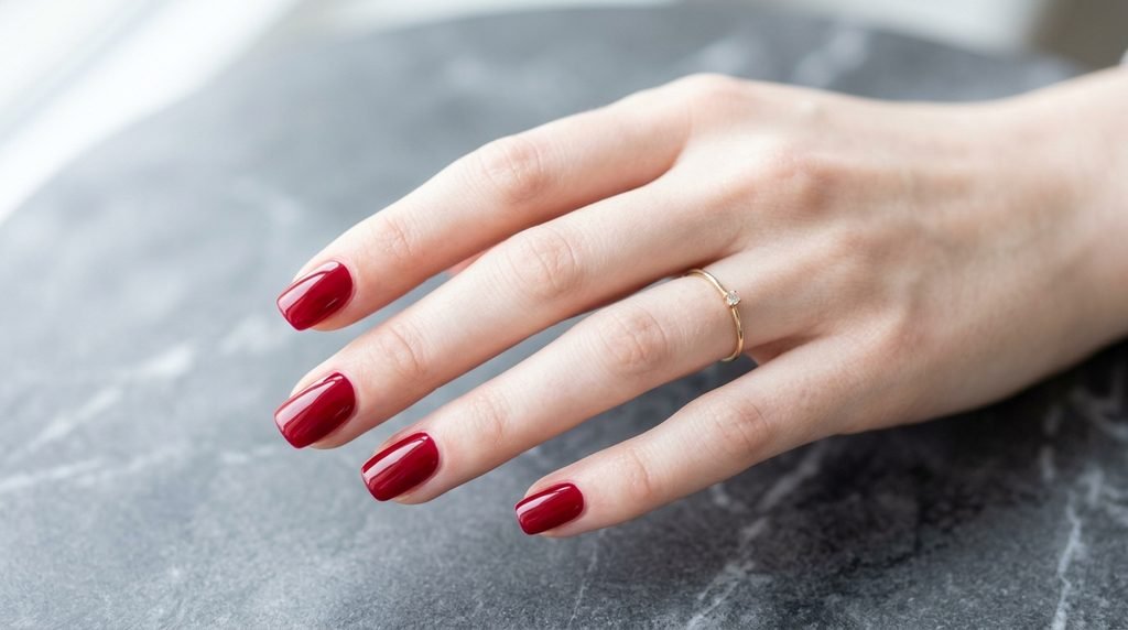 Short manicured squoval nails painted glossy cherry red against dark marble.