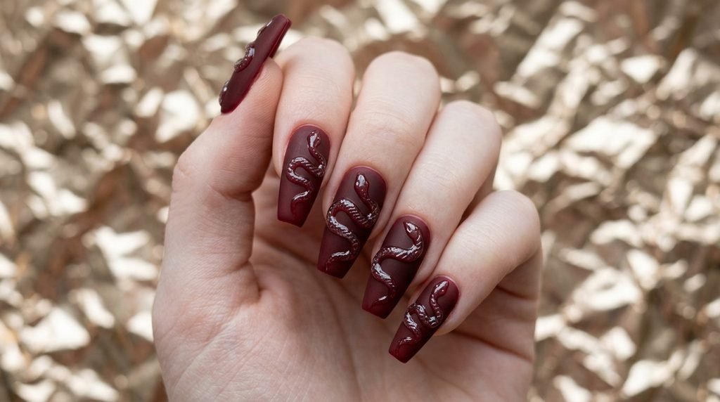 Matte oxblood coffin nails featuring clear glossy 3D gel snakes on a young female hand over champagne gold foil.