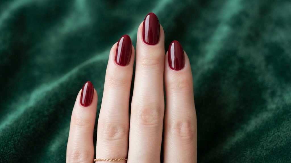 Close-up photograph of glossy garnet red almond nails on an 18-year-old female hand against emerald-green velvet.