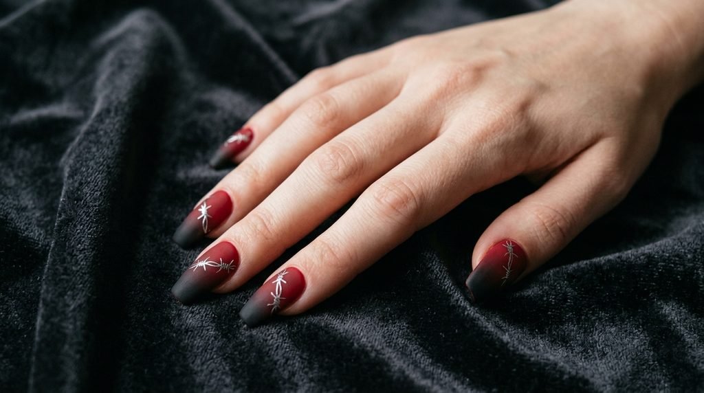 Short red and black ombre nails with silver wire details on an 18-year-old hand.