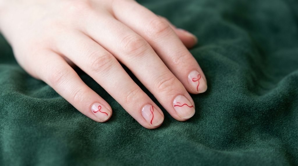 Minimalist red ribbon single line art on natural short nails.