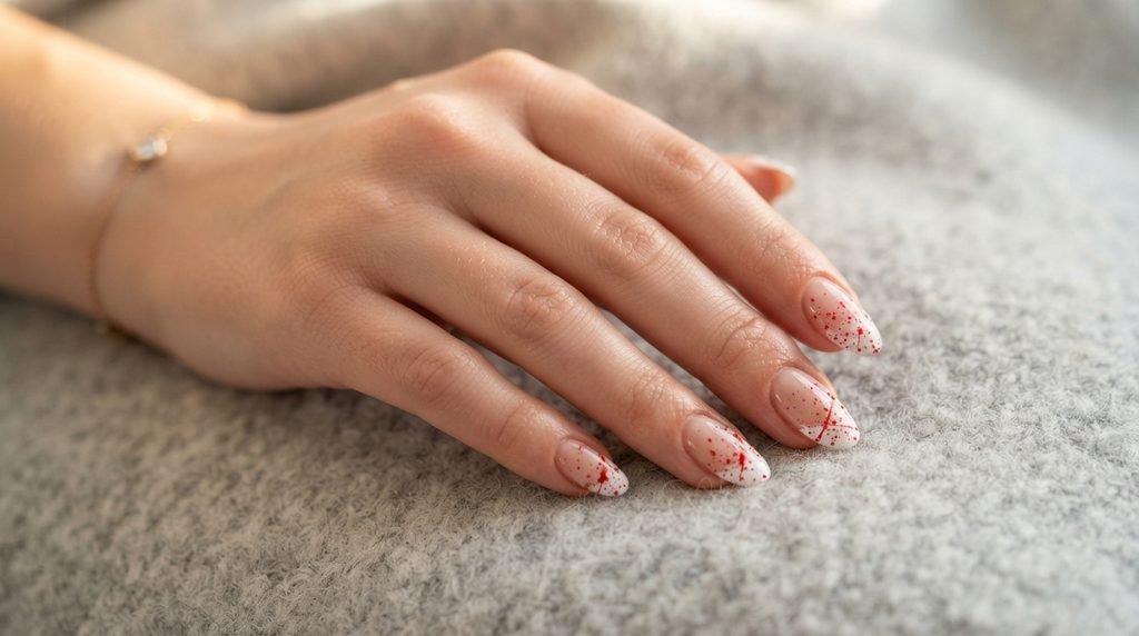 A close-up shot of medium almond nails on an 18-year-old female hand with white skin, showcasing a sheer nude base and white French tips covered in fine red blood splatter against a light gray wool background.