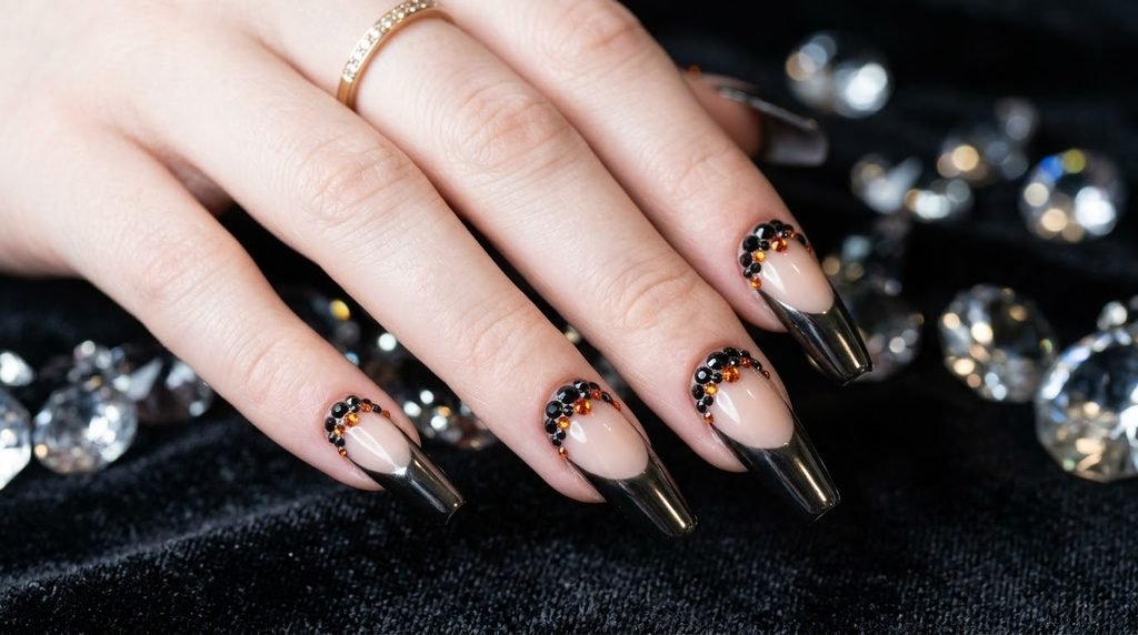 Macro shot of black and orange rhinestones clustered near the cuticle on black chrome French nails.