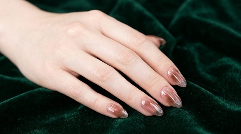 Close-up of an 18-year-old female hand with very white skin showing almond-shaped ribbed glass nails in ice coffee brown and rose pink against emerald green velvet.