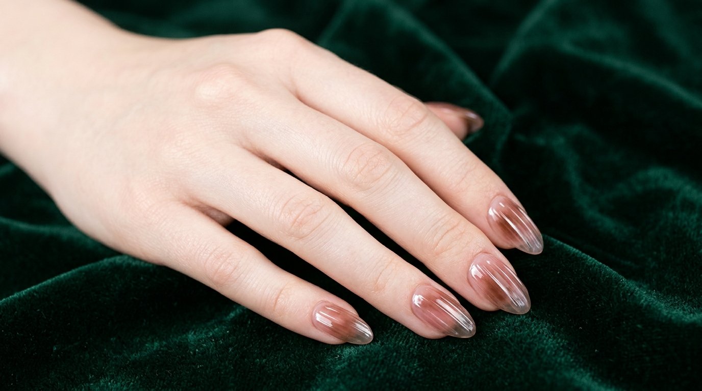 Close-up of an 18-year-old female hand with very white skin showing almond-shaped ribbed glass nails in ice coffee brown and rose pink against emerald green velvet.