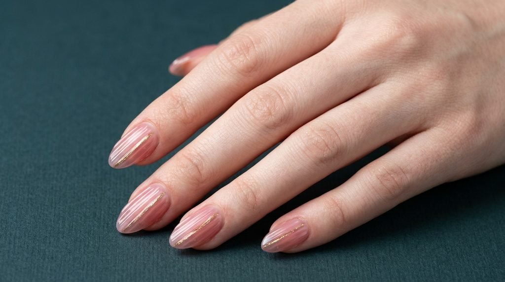 Rose pink ribbed glass nails with fine gold line accents on an 18-year-old female hand with very white skin on dark teal.