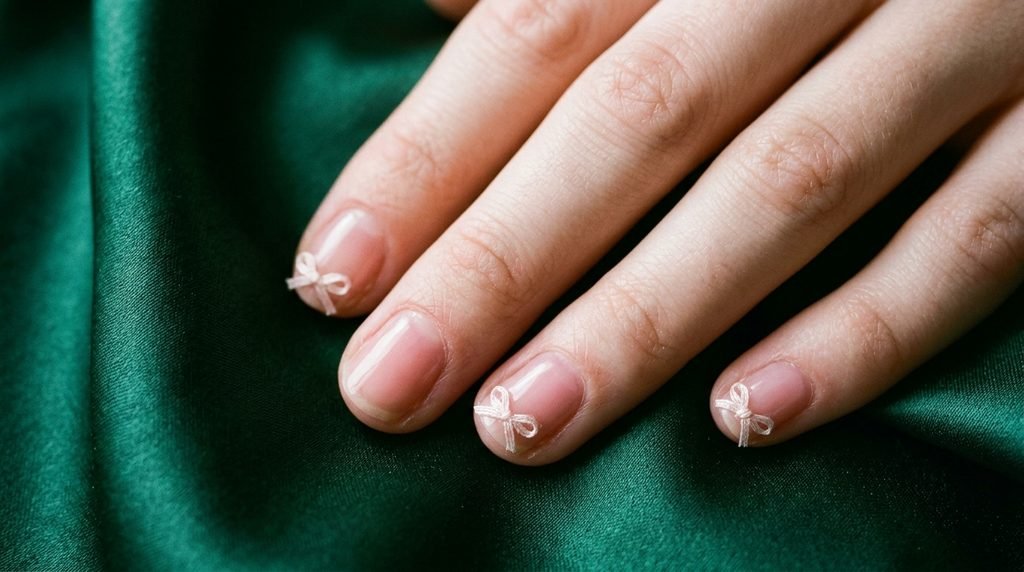 Micro ribbon corner ties on short natural oval nails.