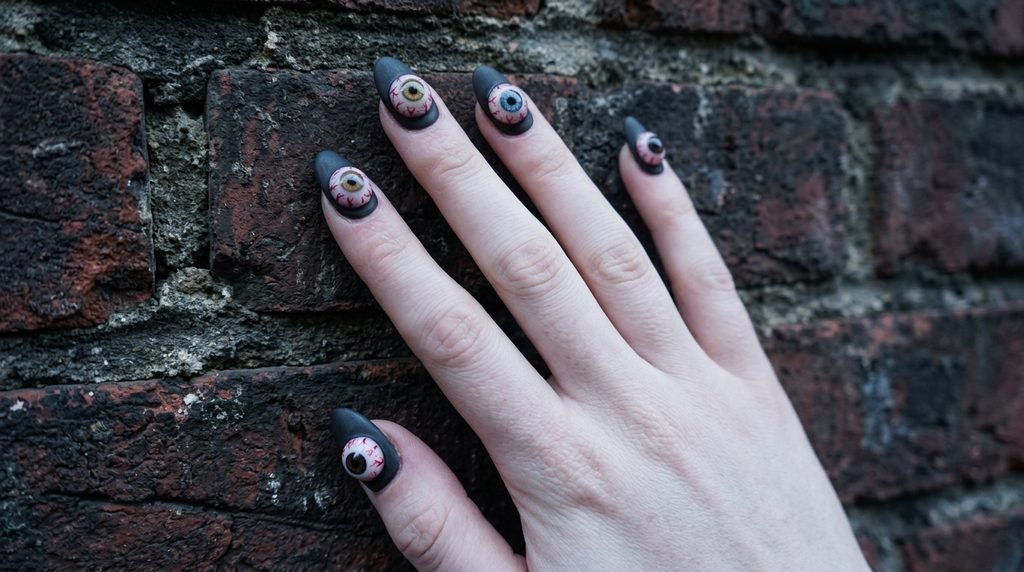 An unsettlingly realistic close-up of a woman's pale hand with almond nails, each featuring highly detailed 3D bloodshot human eyeballs against a dark, moody brick background.