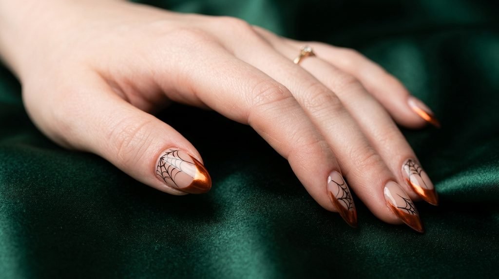 Macro view of almond nails with sheer base and fine-line spiderweb art over orange chrome tips.