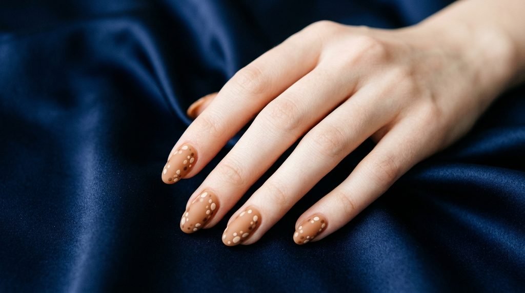An eighteen-year-old hand with white skin showing matte caramel deer print oval nails over dark blue silk.