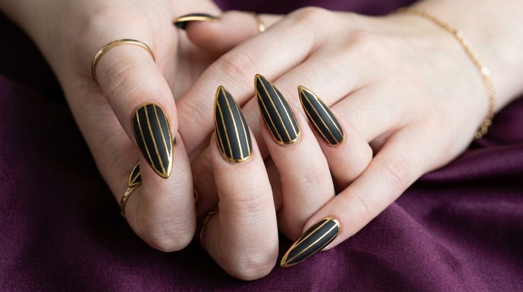Macro view of an 18-year-old female finger with very white skin showing a matte black nail with a ultra-thin gold border against plum silk.