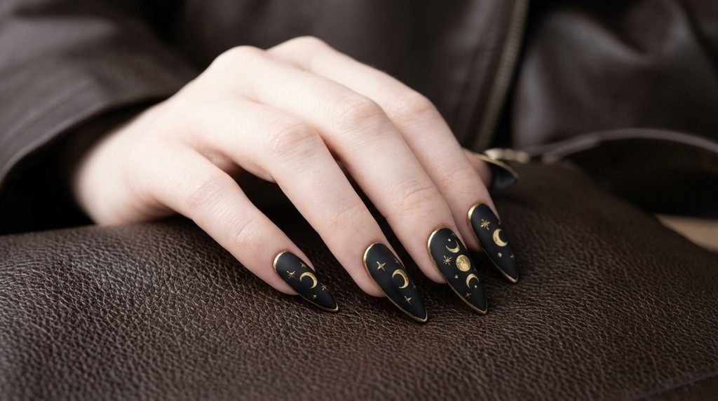 Hand with very white skin showing matte black nails with gold line details against dark brown leather
